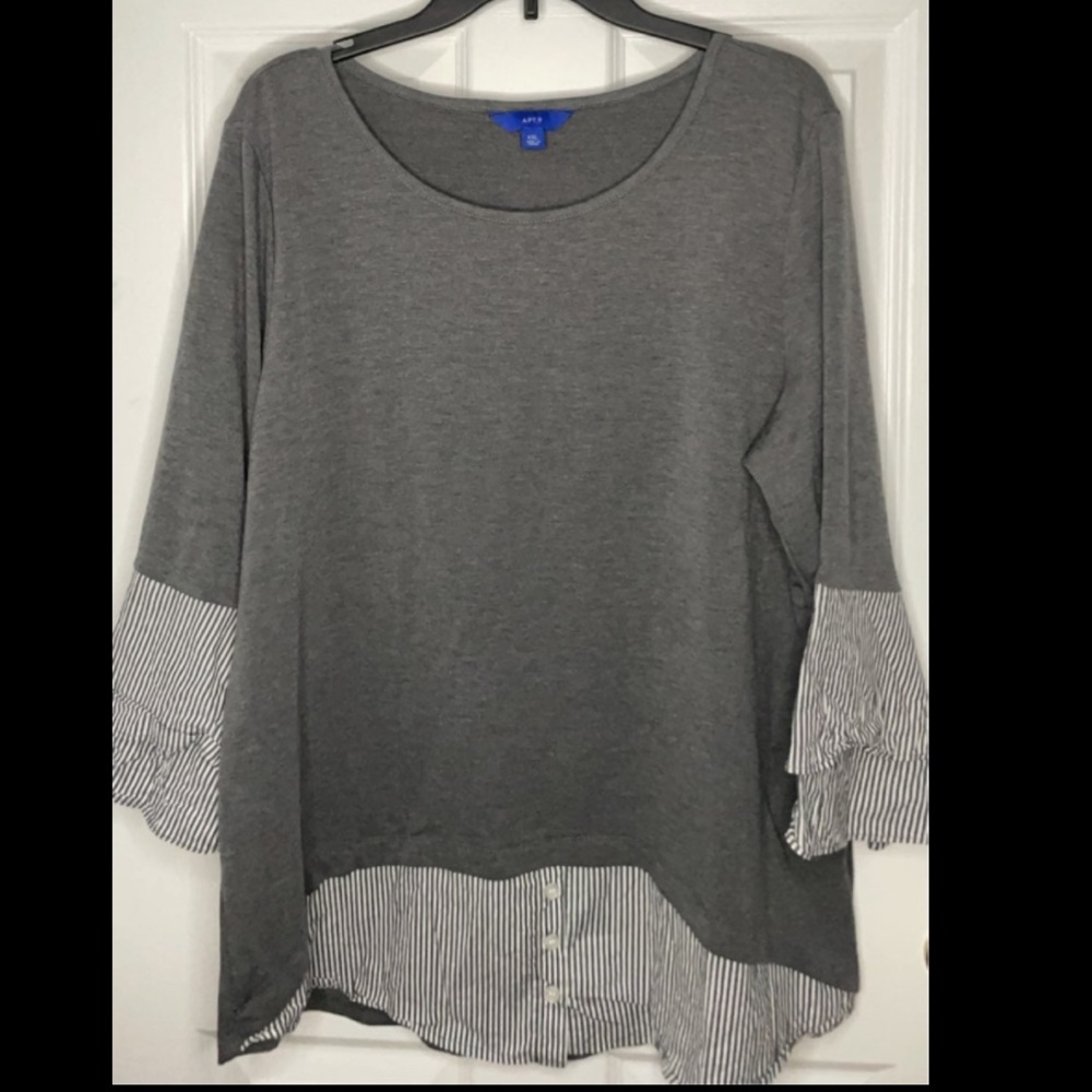 Solid grey blouse with striped sleeves